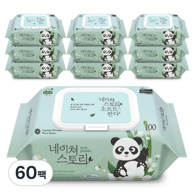 네이쳐스토리 소프트판다 아기물티슈 캡형 40gsm, 100개입, 60개