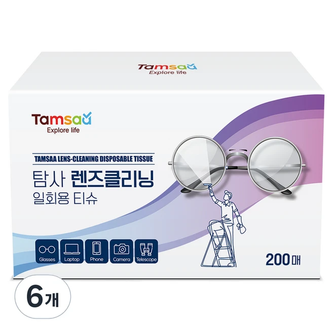 탐사 렌즈클리닝 일회용 티슈 200매, 화이트, 6개