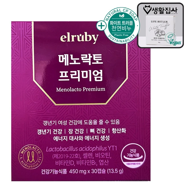 휴온스 elruby 메노락토 프리미엄 [Yt1] 30정 1개월분 프리미엄 갱년기 유산균 + 라이프 버틀러 화이트 트러플 천연솝 30g, 30회분, 1박스