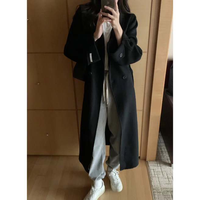 (자체제작)그웬 울100% 원버튼 벨트 하객룩 스트랩 소매커프스 벨트 롱 핸드메이드코트/ 코트 울코트 연말룩 겨울코트 롱코트