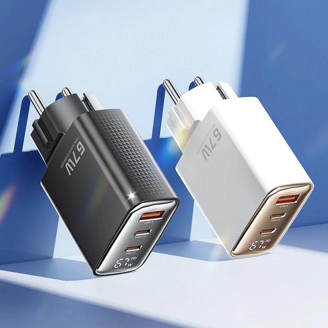 Toocki GaN PPS 67W 3포트 접지형 디스플레이 초고속 멀티충전기, 1세트, 블랙