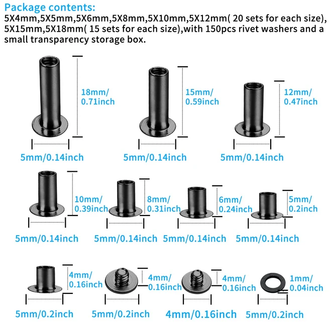 150 가죽 리벳 세트 시카고 나사 모음 키트(8개 크기) 시카고 바인딩 나사 플랫 헤드 나사 리벳 버튼 책 바인딩 나사 및 DIY 가죽 포스트(검은색), 1개