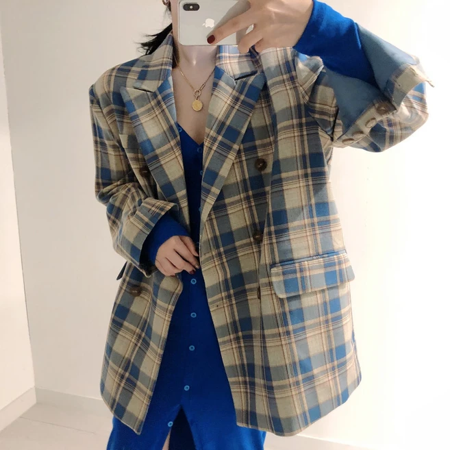 빈티지 캐주얼 루즈핏 정장넥 더블톤 체크 정장 자켓