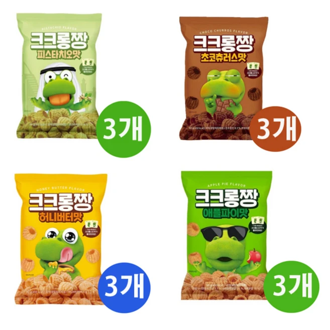 유통기한 임박 크크롱짱 애플파이맛+허니버터맛 +초코츄러스맛+피스타치오맛 각3개 총12개, 90g, 12개