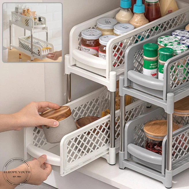 공간활용좋은 슬라이딩 서랍선반 2단 화이트 사무실 책상 식탁 화장대 소품 수납함