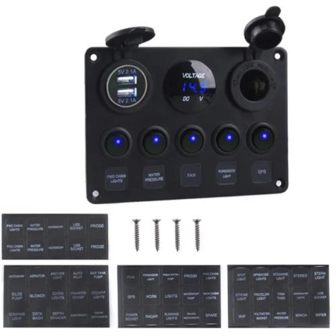 튜닝 스위치판넬 박스 전압계 듀얼 USB 12V 자동차 해양 선박 LED 토글 로커 스위치 패널, 02 Blue, 1개