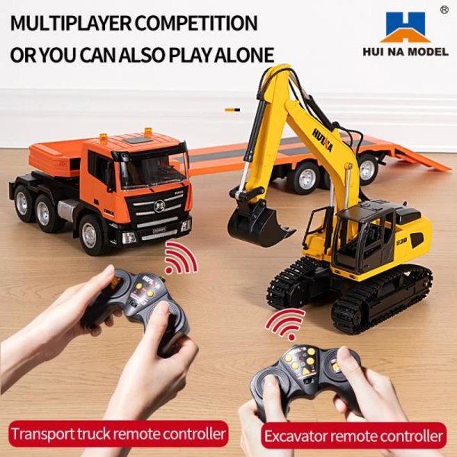 Huina 1319 RC 트랙터 트럭 및 리모컨 굴삭기 모델 플랫 베드 트레일러 배터리 장난감 선물 2.4G RTR 1/18 체중계, 1개