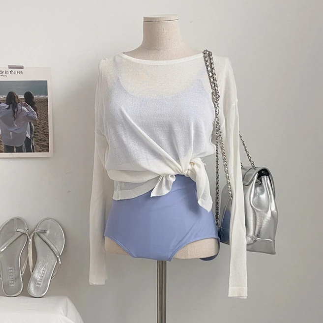 햅번홀리데이 여리핏 시스루 옆트임 니트 커버업, 화이트