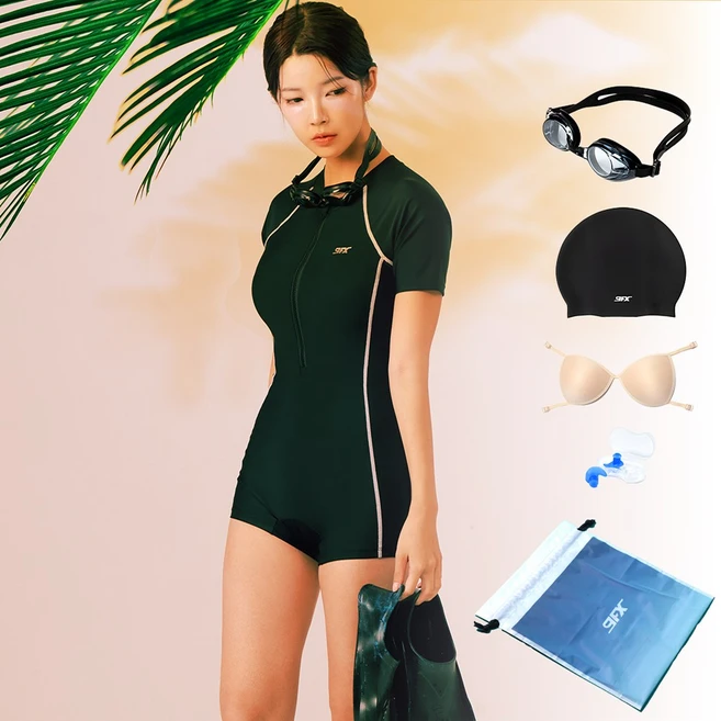 여성 실내 강습 반전신 반소매 민소매 원피스 수영복 + 수경 + 수모 6종 세트