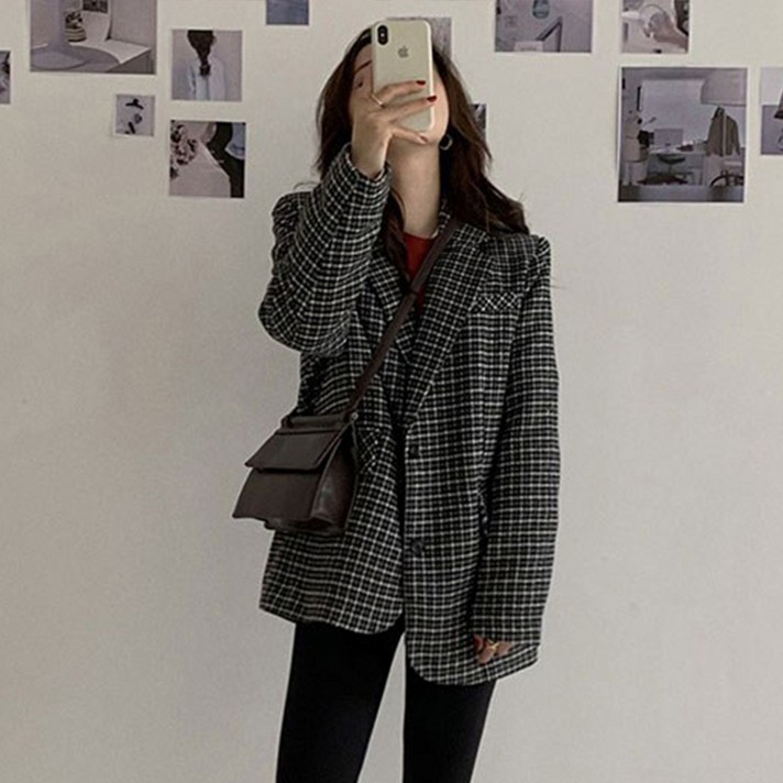 포플러앤씨 여성용 블렌 체크 모직 자켓