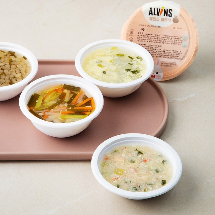 엘빈즈 클래식 12개월 이상 유아식 순두부게살스프 120g + 닭온반 150g + 한우무우국 160g + 감자계란국 160g 세트, 1세트