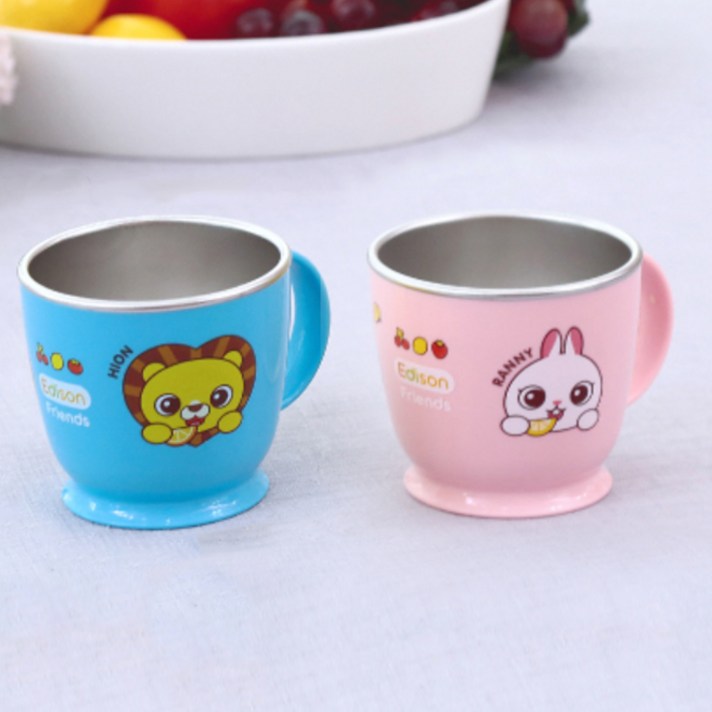 에디슨 프렌즈 논슬립 스텐 한손컵, 토끼, 사자, 1세트