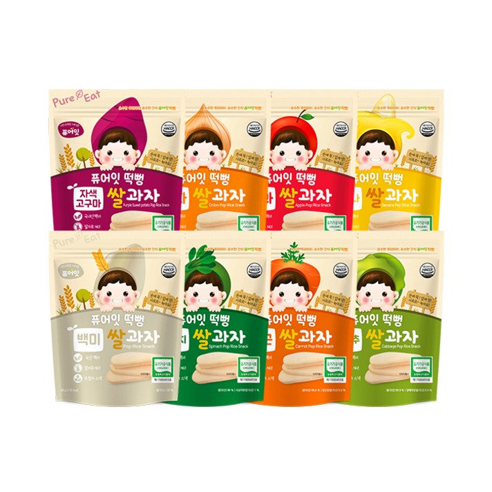 퓨어잇 떡뻥 쌀과자 8종 세트, 시금치, 당근, 사과, 바나나, 자색고구마, 양파, 양배추, 백미, 1세트