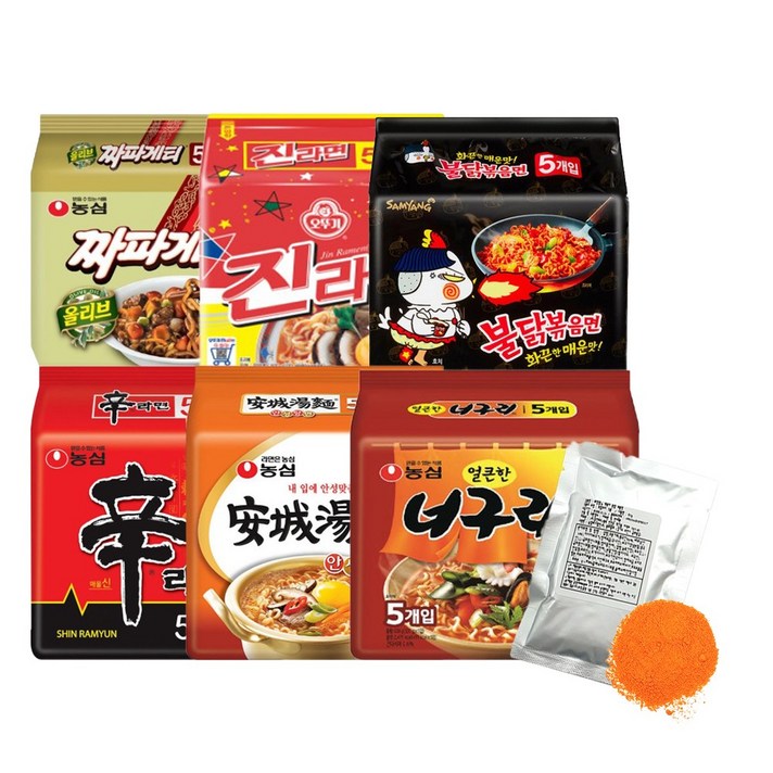 농심신라면+안성탕면+얼큰너구리+짜파게티+진라면매운맛+불닭볶음면+떡볶이소스, 농심신라면+안성탕면+너구리+짜파+진라면+불닭+떡볶이소스