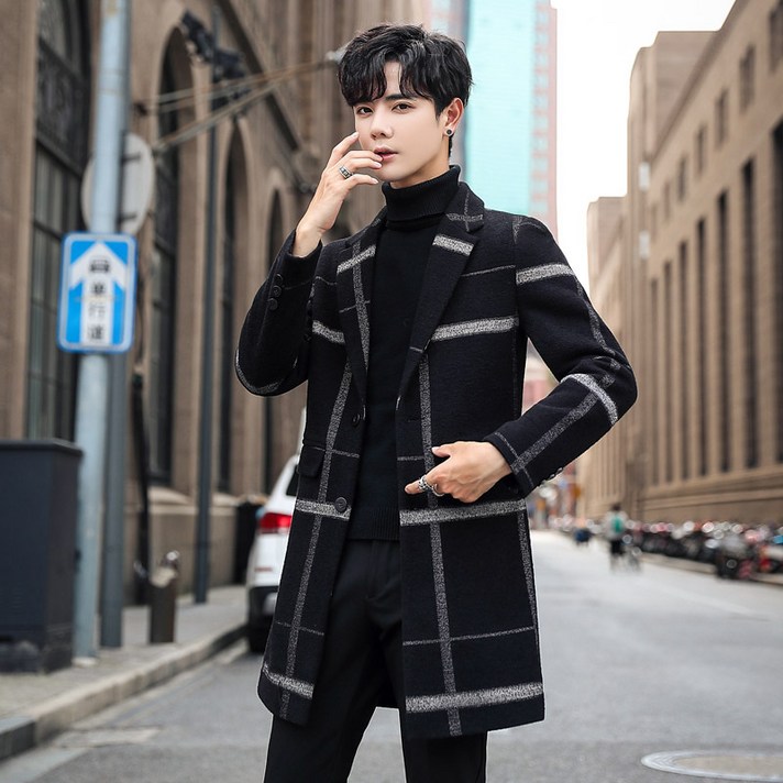 남자 체크 모직 코트 가을 겨울 캐주얼 트렌치코트