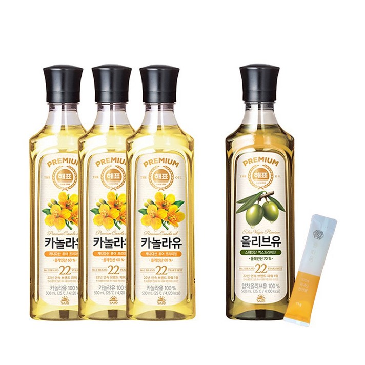 해표 카놀라유 500ml 3개 + 올리브유 500ml 1개 + 꿀따옴 꿀스틱 1개, 해표 500ml 카놀라유3개+올리브유1개+꿀스틱1개