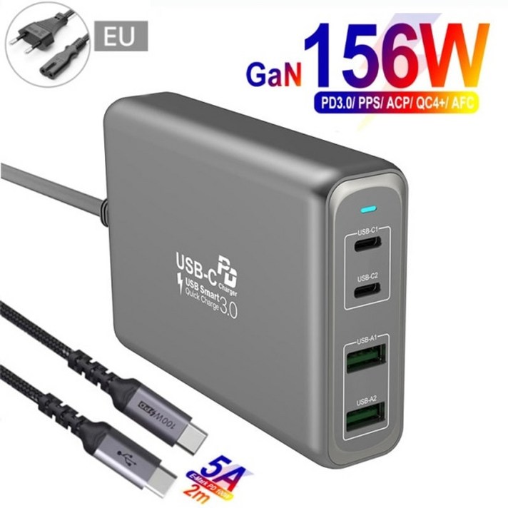 주행충전기 TQUQ 4 포트 156W GaN 고속 충전기 USB C 전원 용 배터리충전기, 협동사, EU 및 5A 케이블