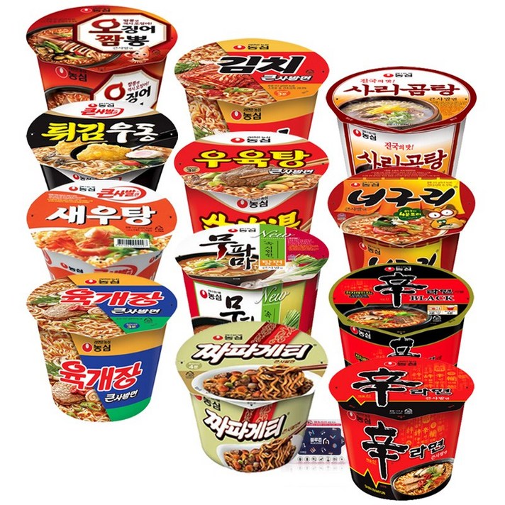 농심 용기 큰사발 컵라면 12종 (신라면+신라면블랙+너구리+육개장+짜파게티+무파마+오징어짬뽕+새우탕+튀김우동+우육탕+김치큰사발+사리곰탕) + 블루존물티슈, 1세트