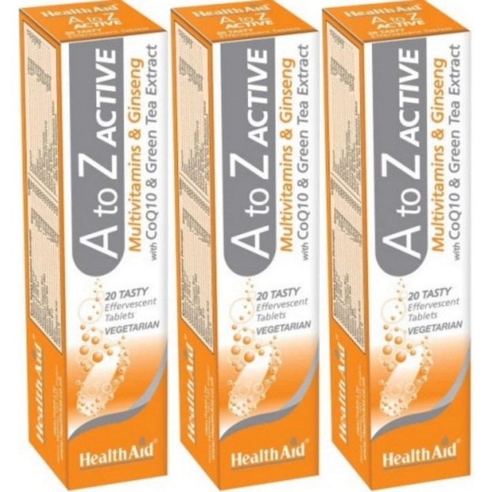 Healthaid A to Z Active 헬스에이드 발포 종합 멀티비타민 칼슘 철분 아연 구리 망간 셀레늄 CoQ10 코큐텐 코엔자임 큐텐 Q10 인삼 녹차 함유 20개입 3팩, x, 1개, 20개