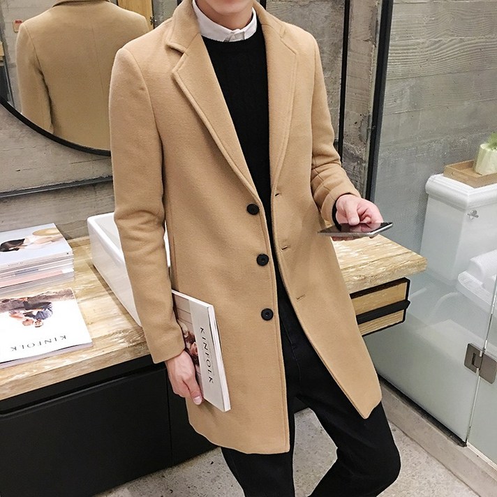 남성 슬림 울모직 더블 롱코트