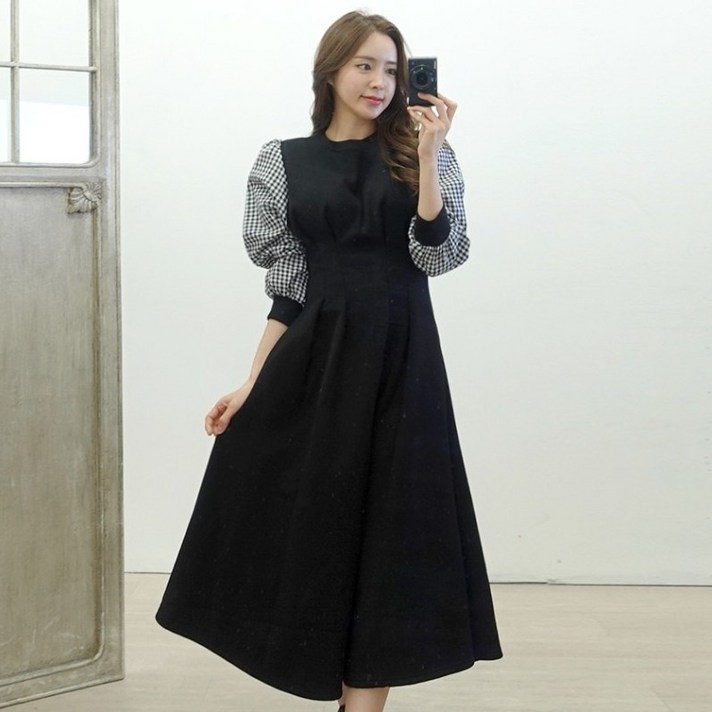 이힝 소녀 허리다트 체크 A라인 기모 롱원피스