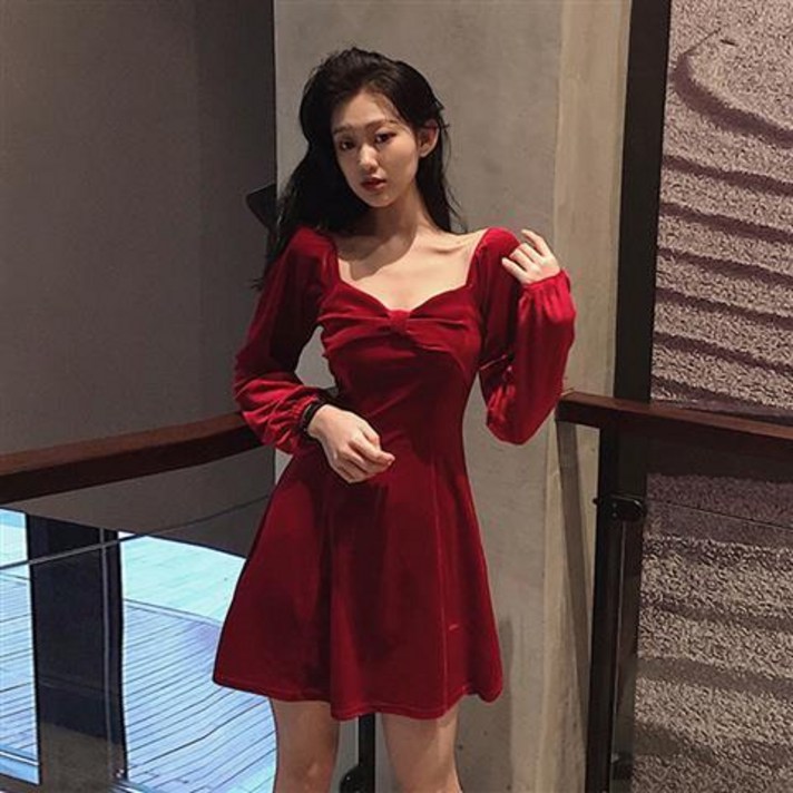 레트로 우아한 드레스 2022 새로운 슬림 V 넥 긴 소매 드레스