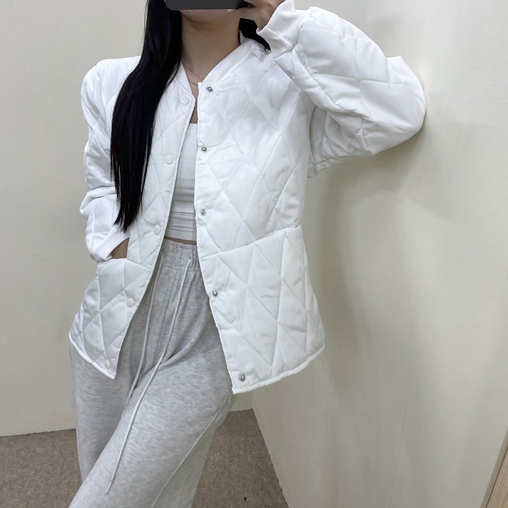 VANANA2 여성용 똑딱버튼 시보리 긴소매 라운드넥 경량 패딩 점퍼