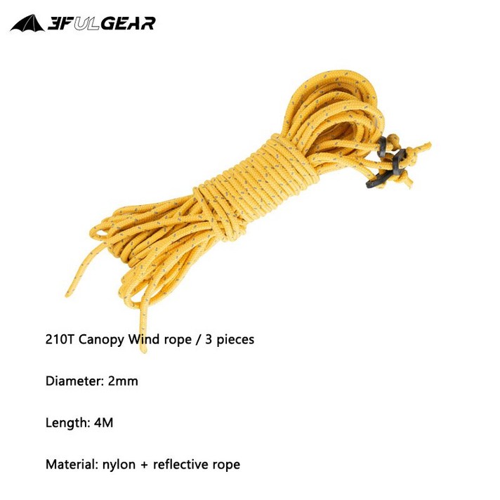 3F UL GEAR 1.5mm/4mm/2mm 직경 2m/4m/20m 텐트 타프 반사 로프, 210t 로프 3개