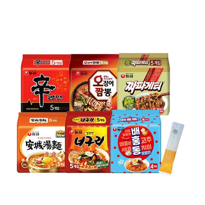 신라면+얼큰너구리+짜파게티+안성탕면+오짬+배홍동각1봉씩+꿀스틱1개, 신라면+너구리+짜파+안성+오짬+배홍동1봉씩+꿀스틱1개