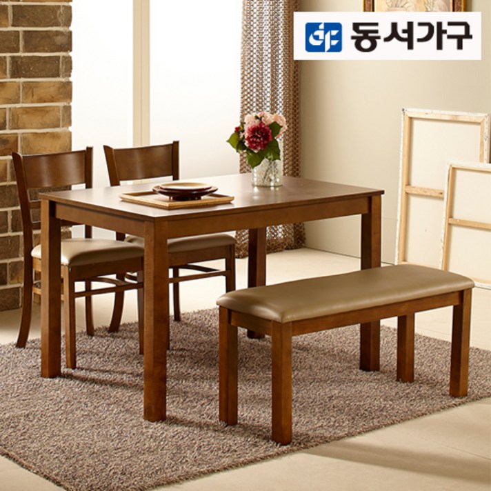 동서가구 원목 우드 4인용 식탁 테이블+의자 2EA+벤치의자 1EA 세트 DF632653 카카오