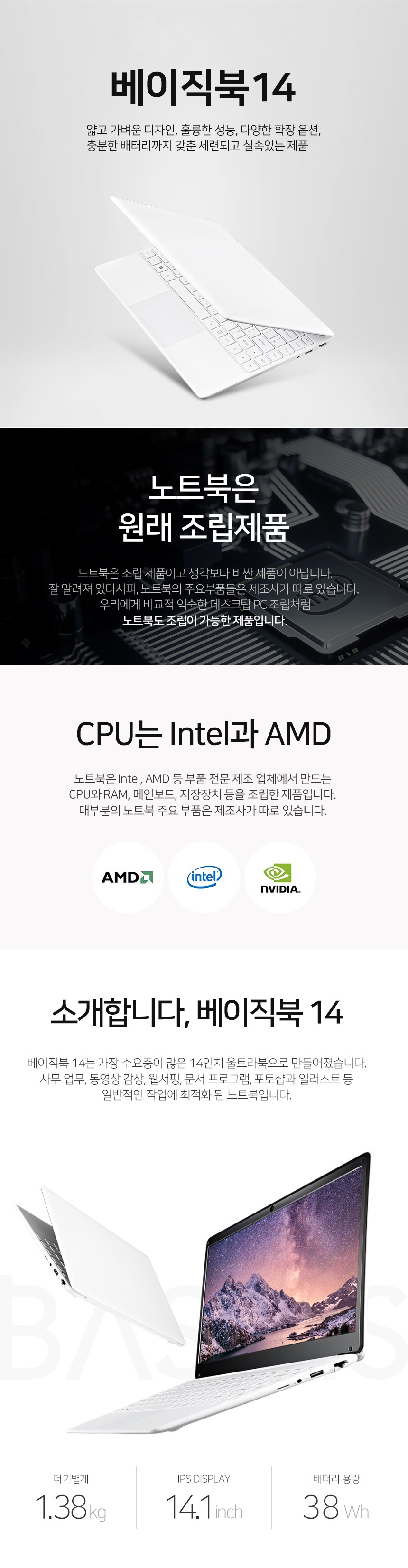 베이직스 14 노트북 화이트 BB1419SS (Celeron 3867U 35.8cm WIN10 Home), 포함, SSD 256GB, 8GB