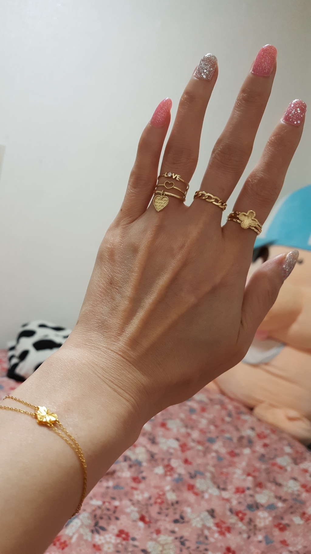 사강주얼리 14k 금 OVE 하트 두줄 레이어드 링 반지