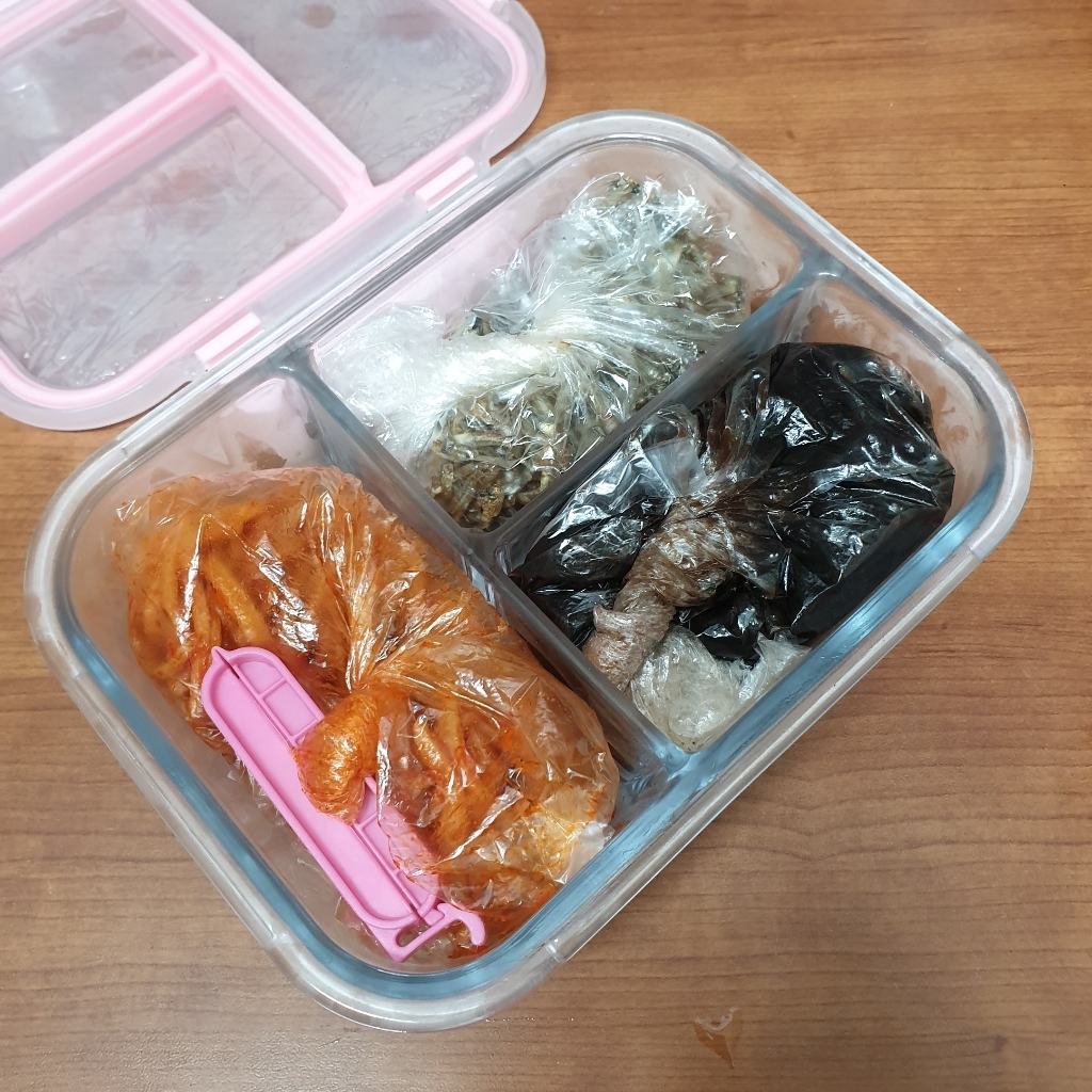 내열 유리 3칸 나눔 반찬통 직사각 핑크