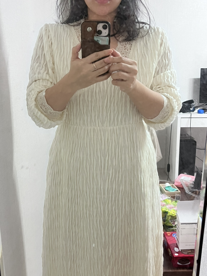 심플리엔 레이스 주름 임산부 롱 원피스