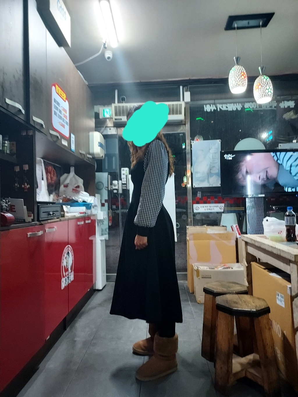 이힝 소녀 허리다트 체크 A라인 기모 롱원피스