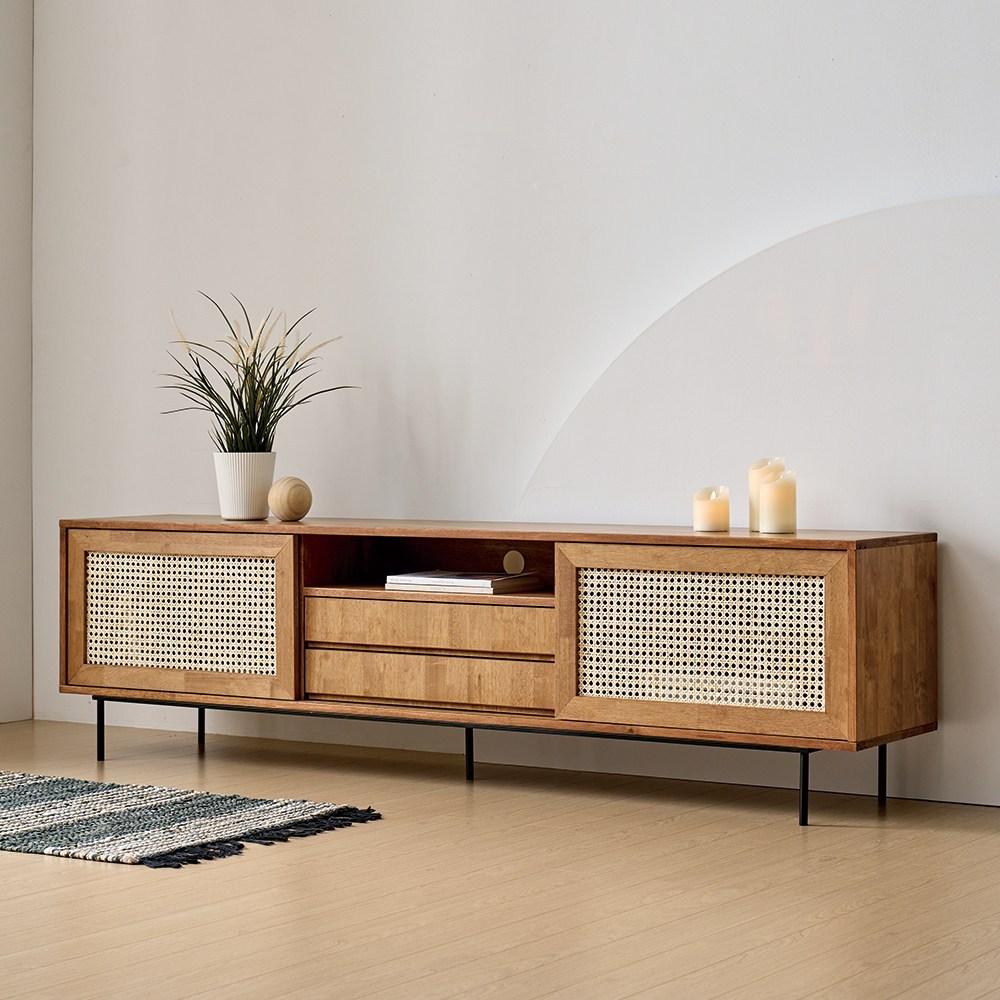 자연의 아름다움과 스타일이 결합된 와플 원목 라탄 TV 다이 서랍장