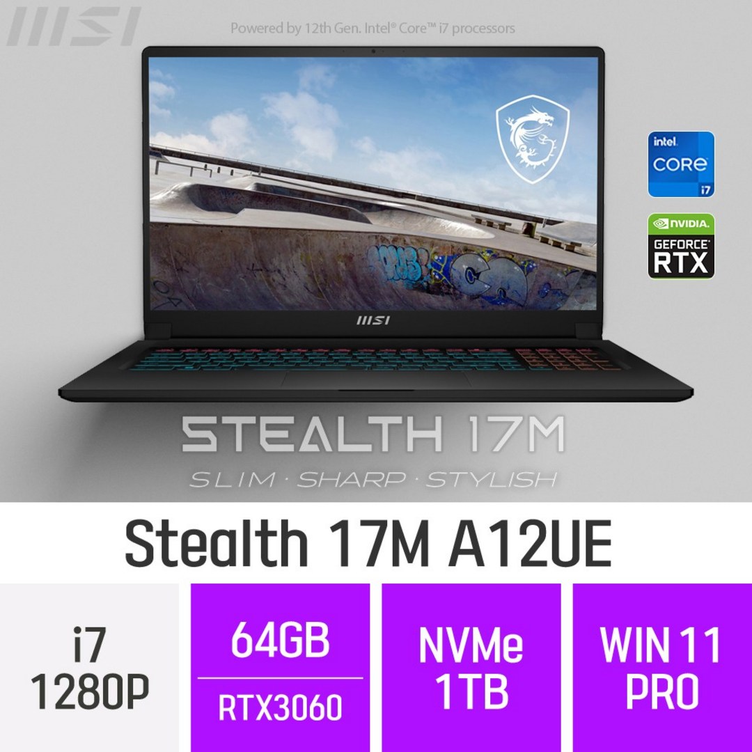 MSI Stealth 17M A12UE - 12세대 i7 영상편집 포토샵 배그 사무용 인강용 게이밍 노트북, WIN11PRO, 64GB, 1TB