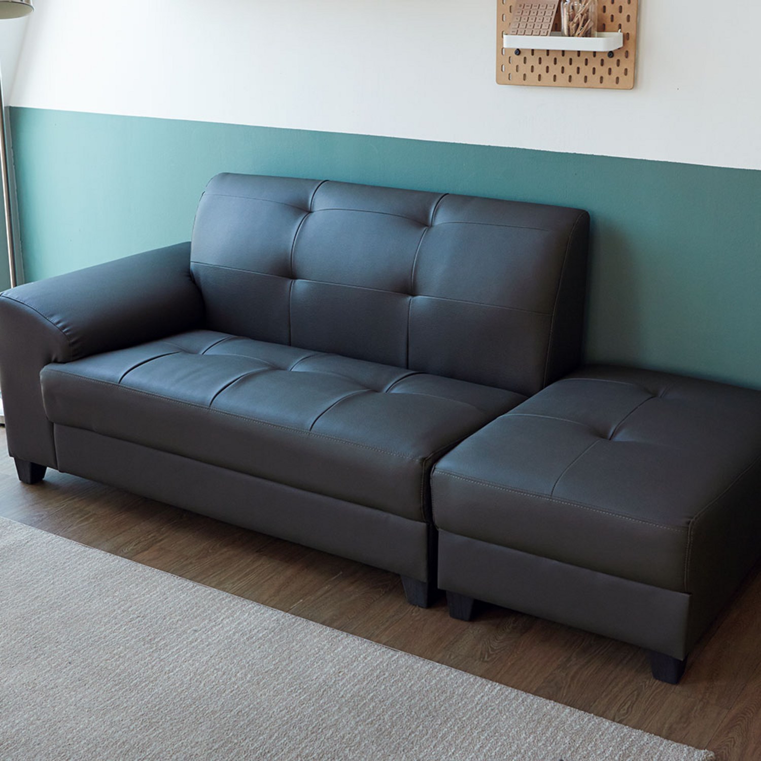 데코라인 링크 2인용 가죽 소파와 스툴 세트, 머드그레이 샤무드쇼파