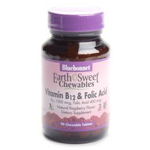블루보넷 어쓰 스위트 비타민 B12 & 폴릭 애시드 내추럴 라즈베리 츄어블 타블렛 글루텐 프리 비건, 90개입, 1개