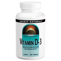 소스내츄럴스 비타민 D-3 1000 IU 타블렛 글루텐 프리 무설탕, 200개입, 1개, 200정