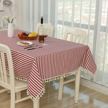 앤티스 태슬 코튼린넨 식탁보, 스트라이프 레드, 140x180cm