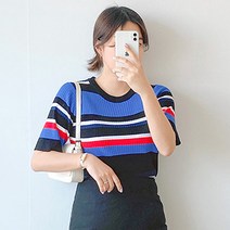 로미스토리 여성용 멀티 스트라이프 골지 니트 티셔츠