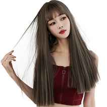 하이유니 풀뱅 스트레이트 펌 롱헤어 통가발 58cm + 가발망 + 가발거치대 세트, 쿨브라운(가발)