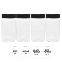 홈앤라이프 투명원형 PET 양념통 300ml 세트, 1세트, 양념통 4p + 검정캡 4p + 스티커 4p(소금 + 설탕 + 후추 + 고춧가루)