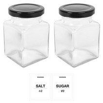 홈앤라이프 유리 사각 양념통 200g x 2p + 블랙캡 2p + 투명 라벨 스티커 소금 + 설탕, 1세트