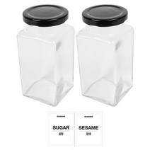 홈앤라이프 유리 양념통 사각 블랙캡 300g 2p 세트, 1세트, 유리 양념통 2p + 투명스티커(설탕 + 참깨)