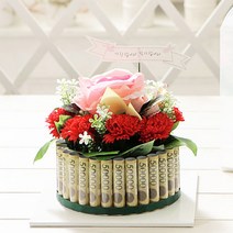 인크리코 조화 플라워케익 + 메시지카드 랜덤발송 + 메시지 픽 + 투명원통케이스 30p 용돈박스 세트, 레드