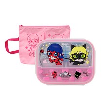 르번 레이디버그 케이스 스텐 식판 도시락 세트, 혼합색상, 식판 도시락 + 파우치