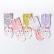 제이셀 여아용 A14 토끼 캐릭터 공주 레이스 발목 양말 5켤레 세트