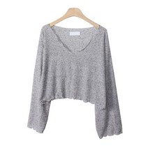 시크블랙 여성용 베니크 물결 크롭 루즈 긴팔 티셔츠 T9347K23